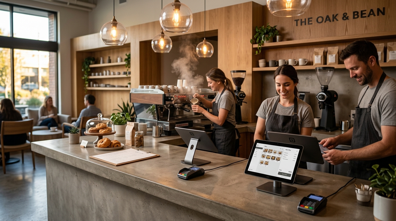 MyCafe POS in action at a bustling artisan cafe counter