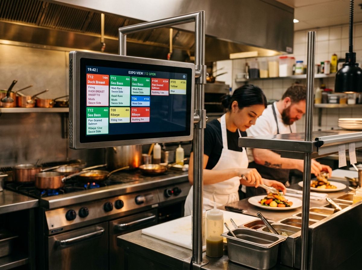 MyCafe Kitchen Display System mounted in a commercial restaurant kitchen